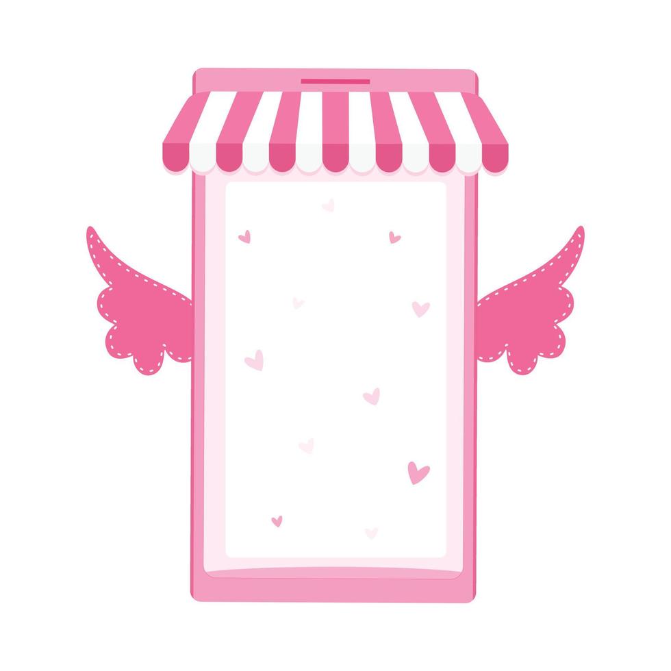 Vector - Cute empty storefront on smartphone with little wing. Sweet image. Pink color. Bussiness, marketing.