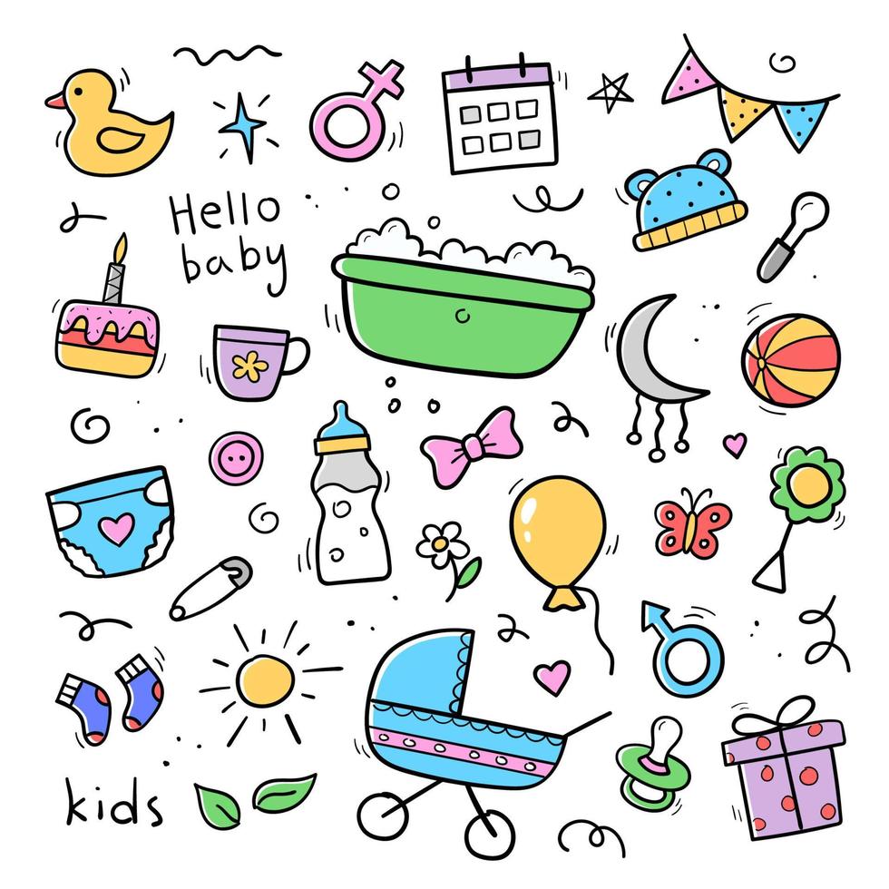 Hand drawn set baby and newborn doodle in color. Sketch style. Baby stroller, diaper, dummy, rattle, milk bottle, gift. Vector illustration.