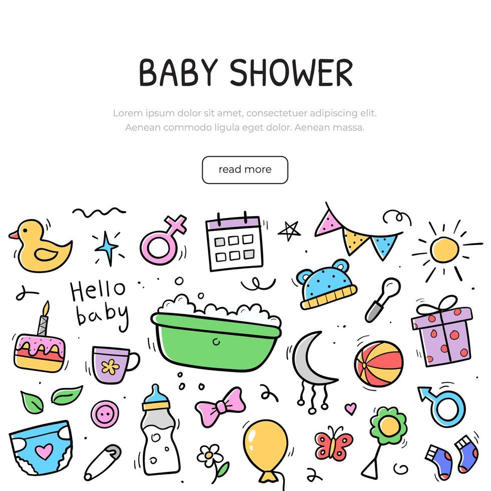 Hand drawn banner of baby elements. Background design template. Icons in linear hand drawn style. Vector illustration.