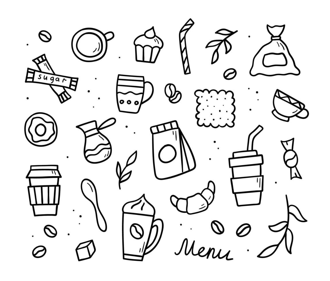 conjunto de garabatos de café dibujados a mano. símbolos y objetos vectoriales. ilustración de estilo de boceto. vector