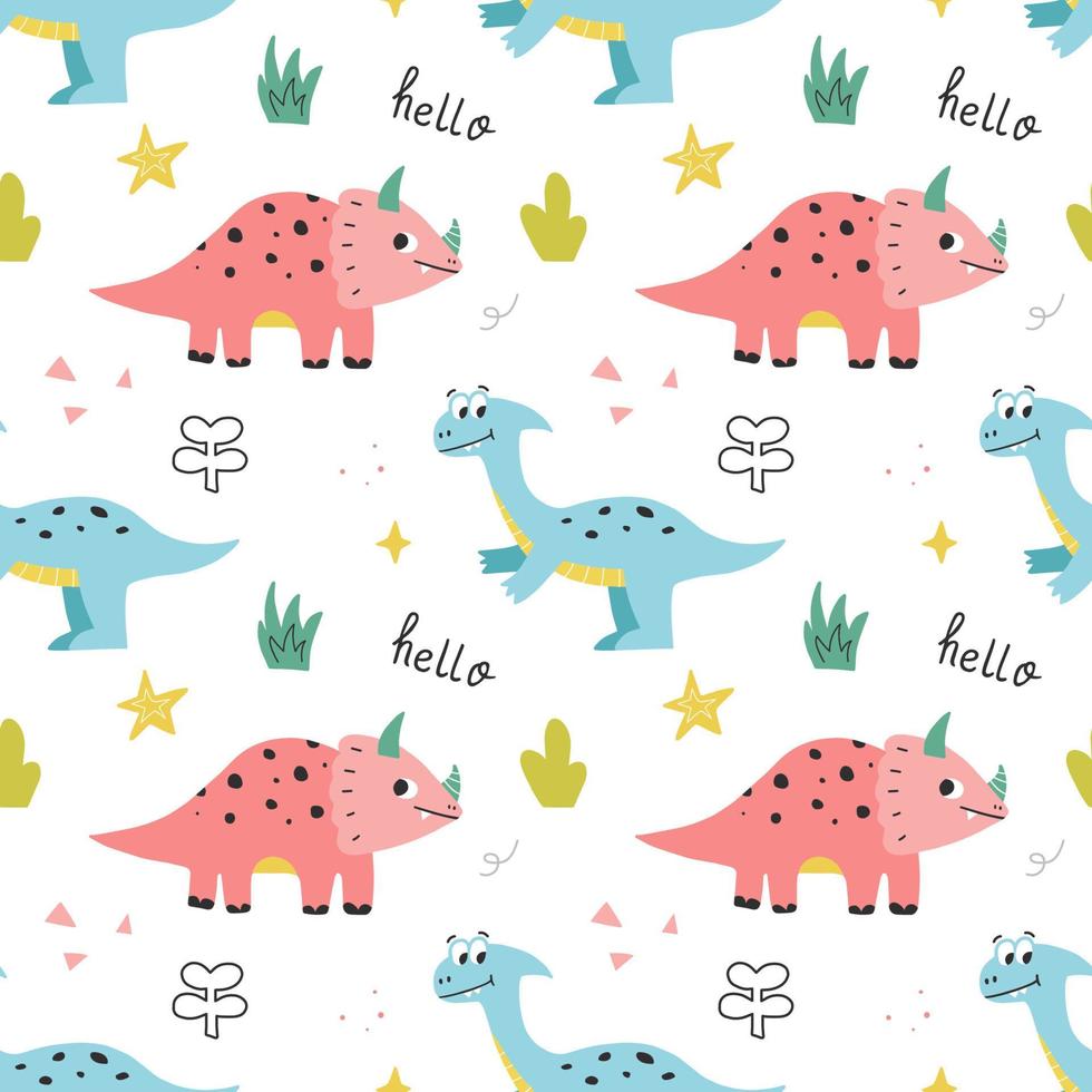 Kids baby seamless pattern with cute dinosaurs. Vector hand drawn colored repeating illustration.