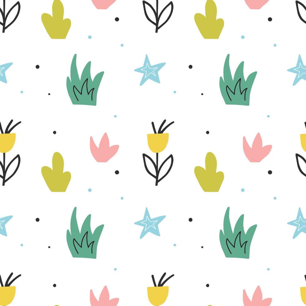 Cute vector seamless pattern with plants and stars. Hand drawn background with doodle drawings. Wrapping paper print design.