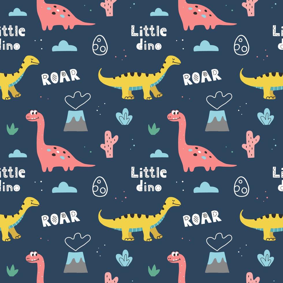 patrón impecable con lindos dinosaurios y letras a mano sobre un fondo azul oscuro. diseño de garabatos vectoriales dibujados a mano para niños. vector