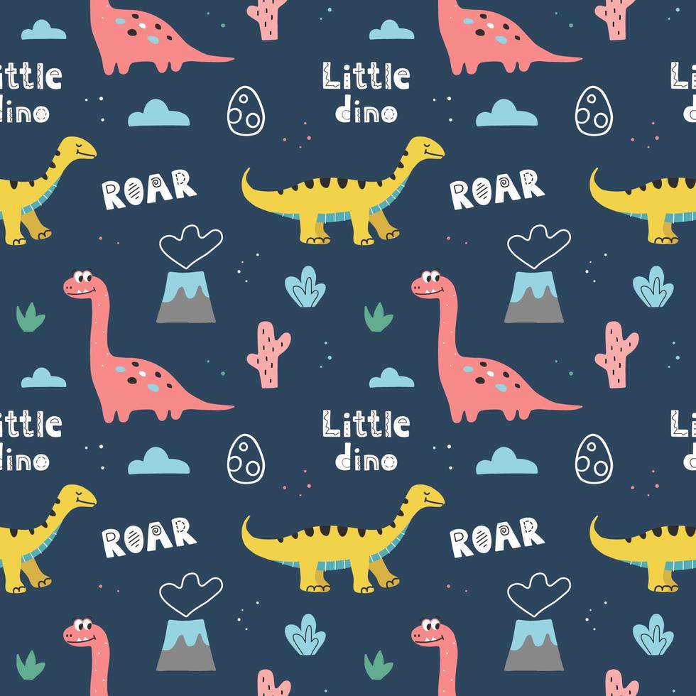 Seamless pattern with cute dinosaurs and hand lettering on a dark blue background. Hand drawn vector doodle design for kids.