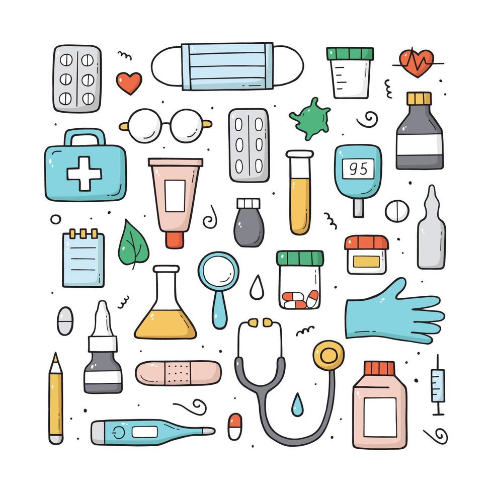 Hand drawn set of Medical doodle objects, elements and items. International nurse day. Isolated colored vector symbols on white background.