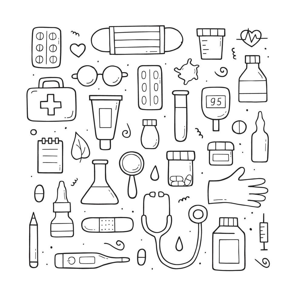 Hand drawn set of Medical doodle objects, elements and items. International nurse day. Isolated vector symbols on white background.