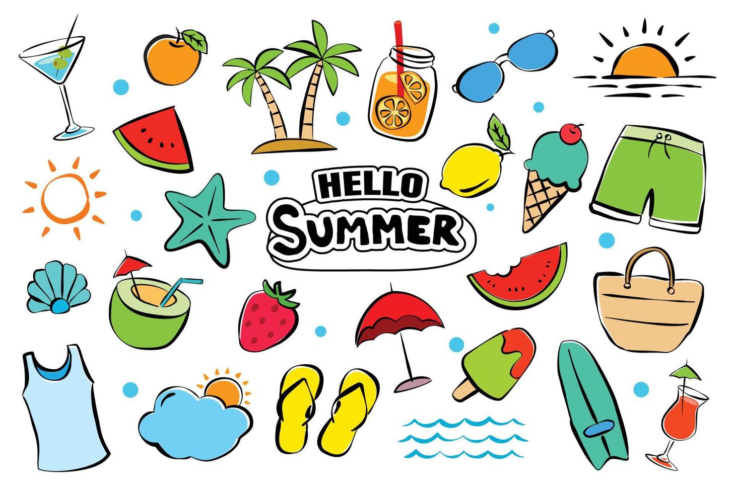 Hello summer elements set doodle on white background. Summer hand drawn symbols and objects. vector