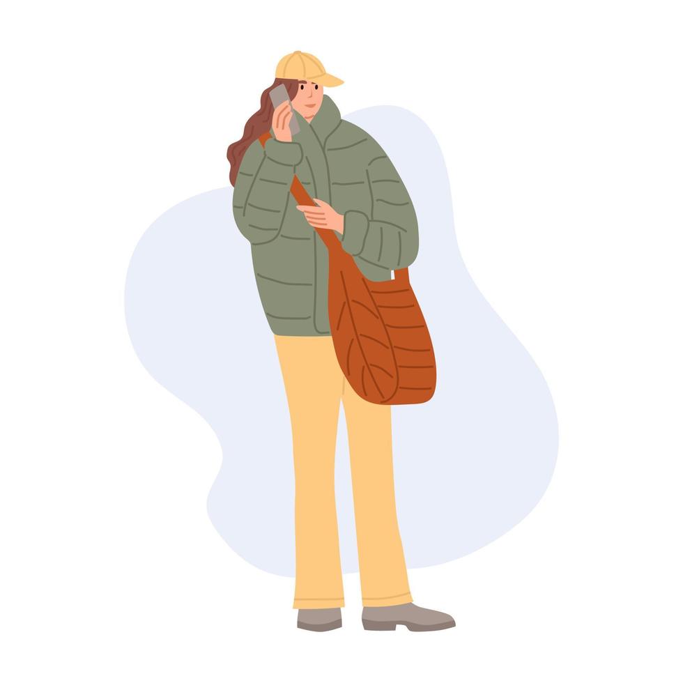 A young woman in winter clothes. Street style girl. Stylish people in fashionable clothes. Flat vector illustration