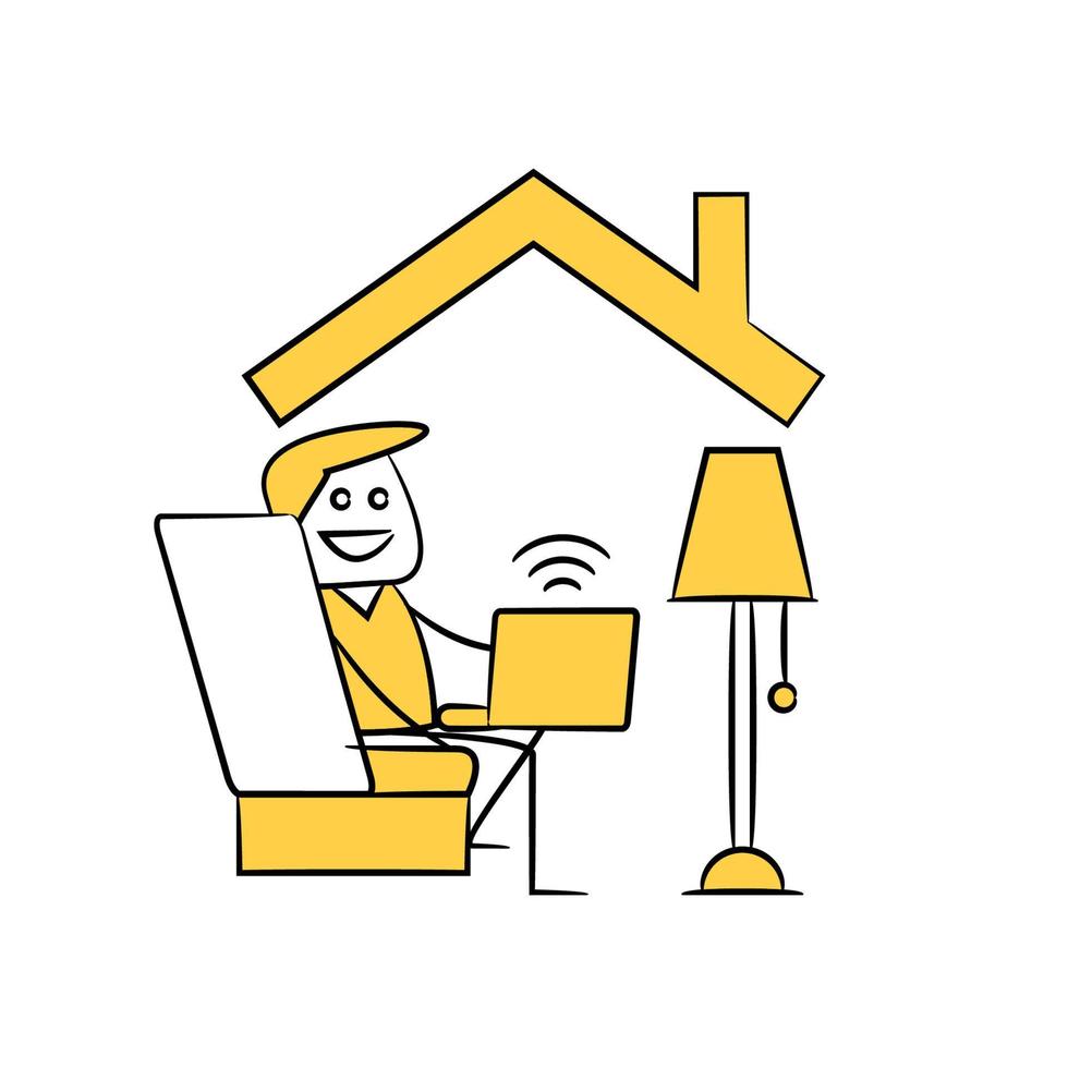 people stick figure working on laptop and working from home illustration vector