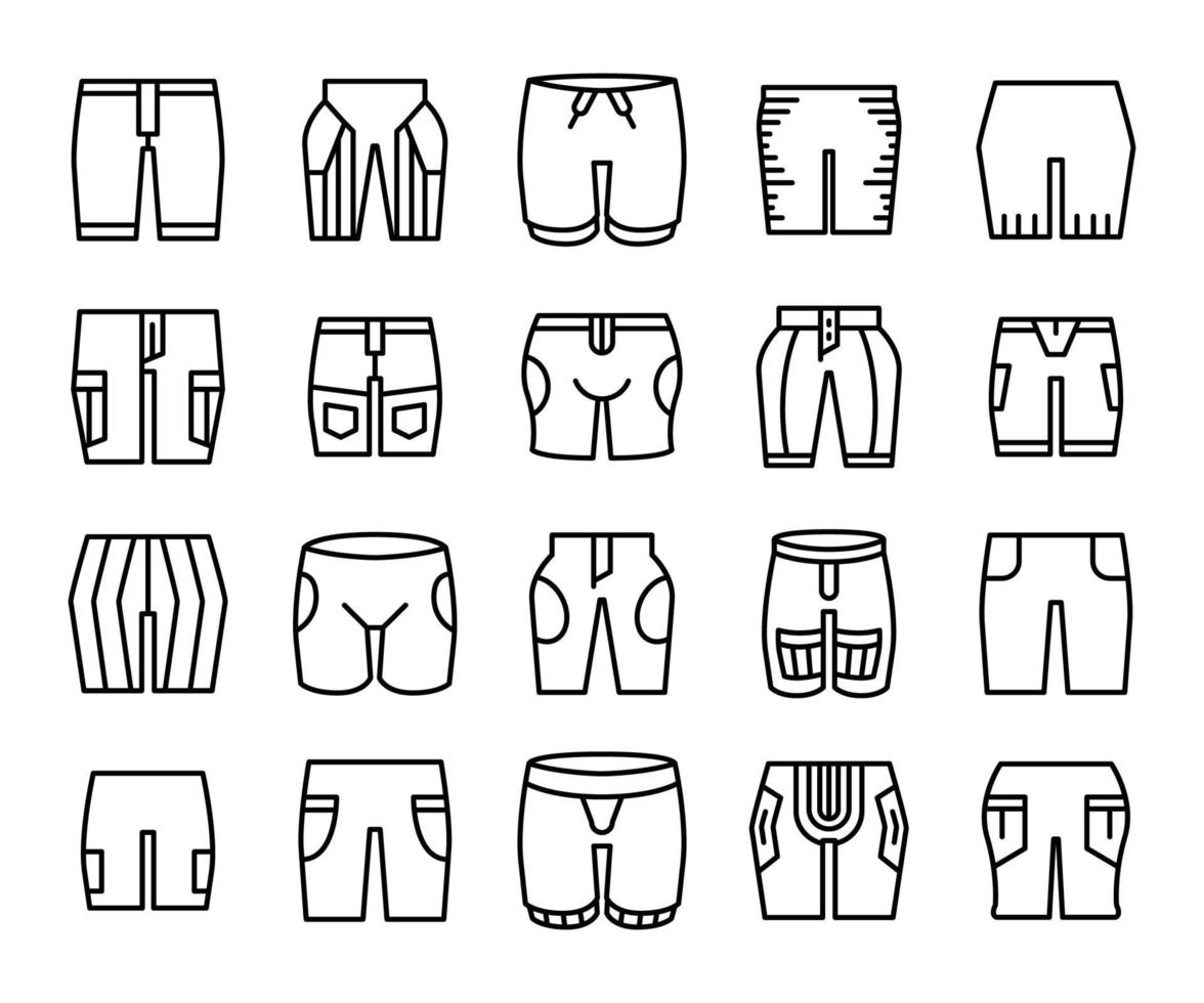 pantalones cortos, iconos, conjunto, línea, arte vector