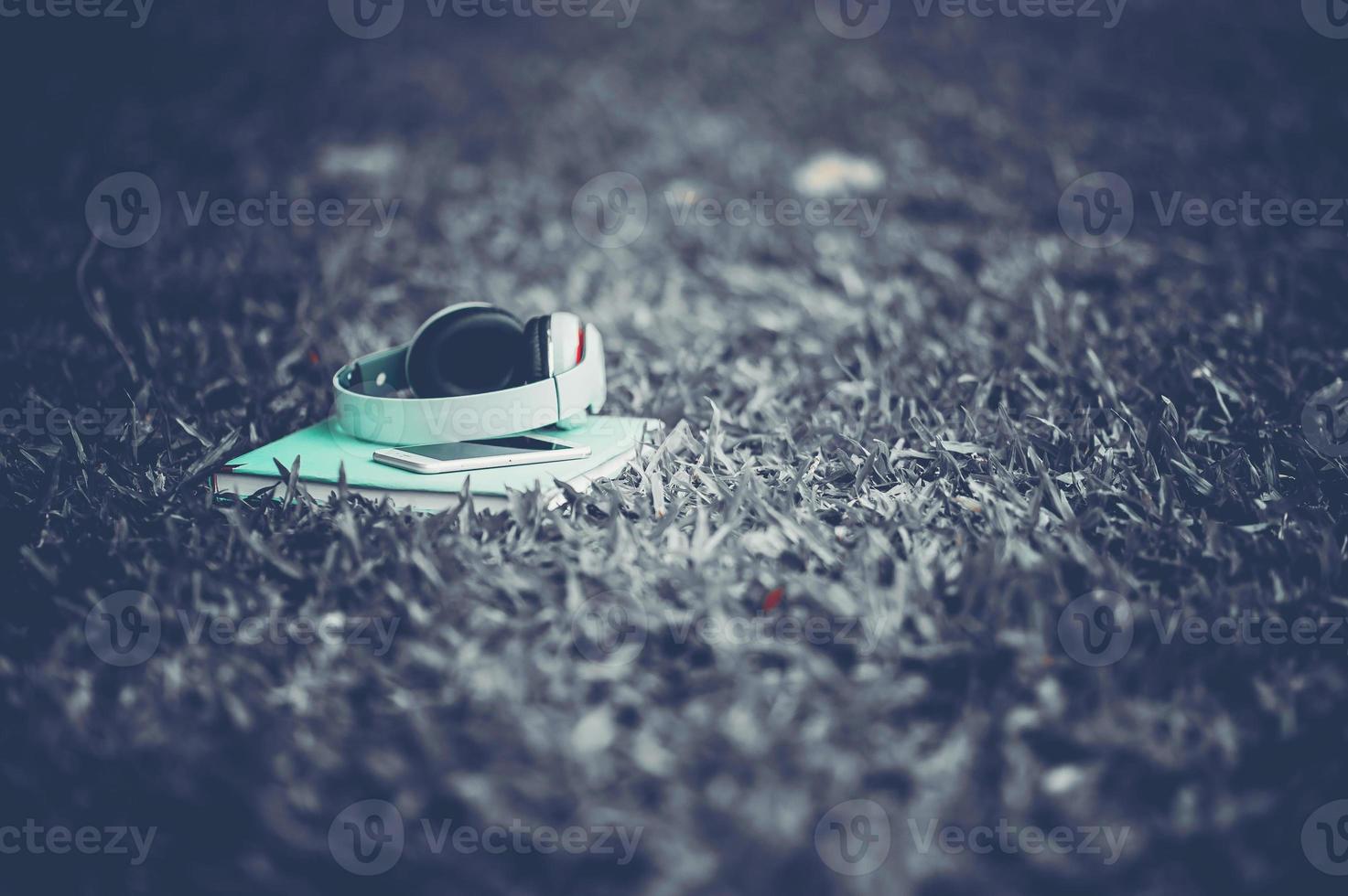 Hands and headphones are placed next to each other in green grass and moody music. Concepts of communication and listening. photo