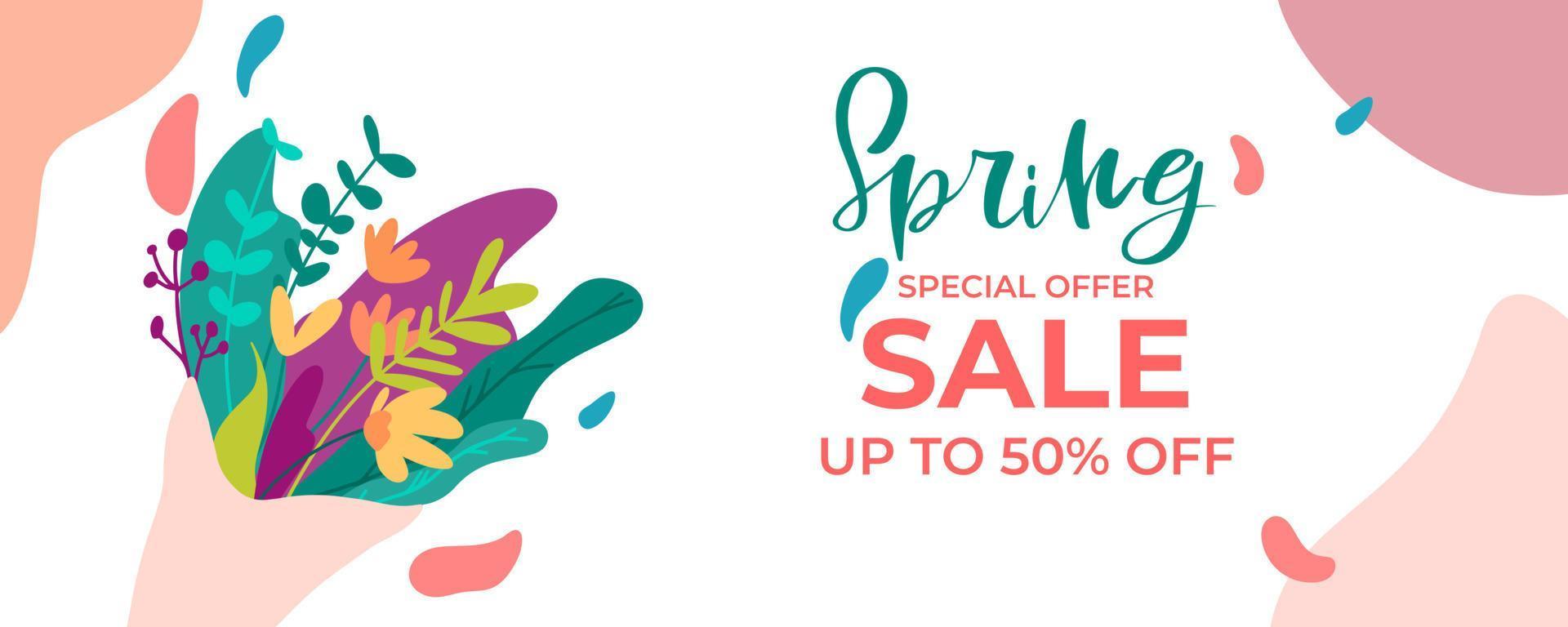 Spring Sale Banner Vector Design. Beautiful Spring Lettering colorful background with flowers. Perfect for banners, wallpaper, flyers, invitation, business cards, web, voucher discount.