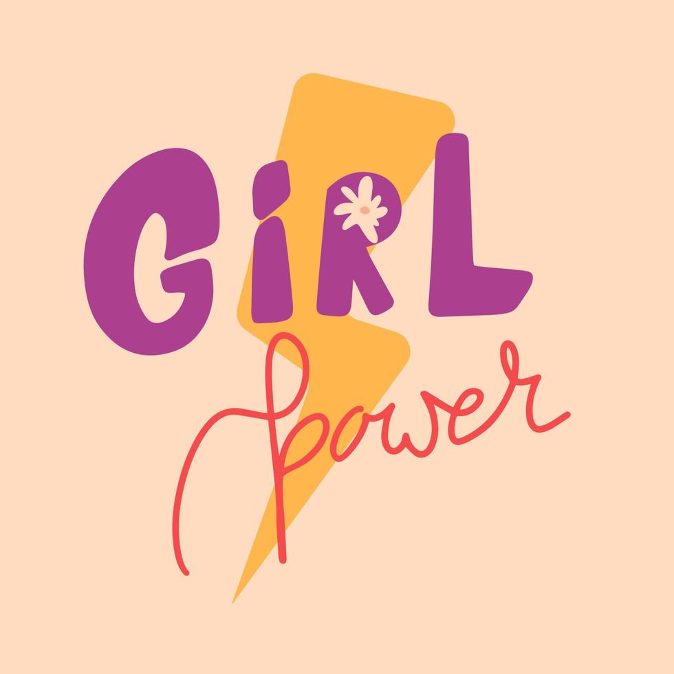 cartel de eslogan escrito a mano de girl power. cita de feminismo motivacional con elemento relámpago y flor. Letras retro modernas y coloridas. vector