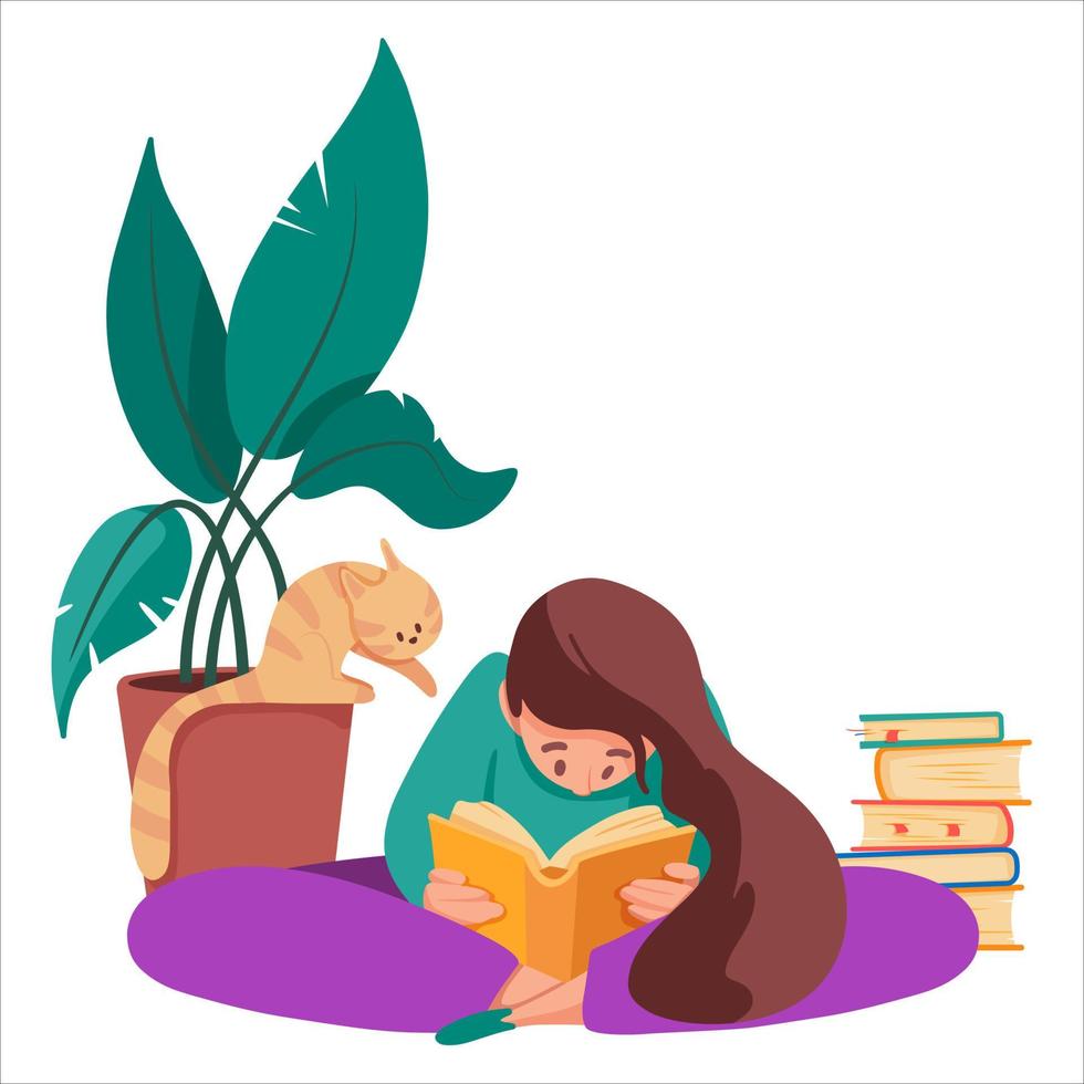 Young woman reads a book sitting on the floor at cosy home. Home education vector concept. Cute girl illustration in flat style.