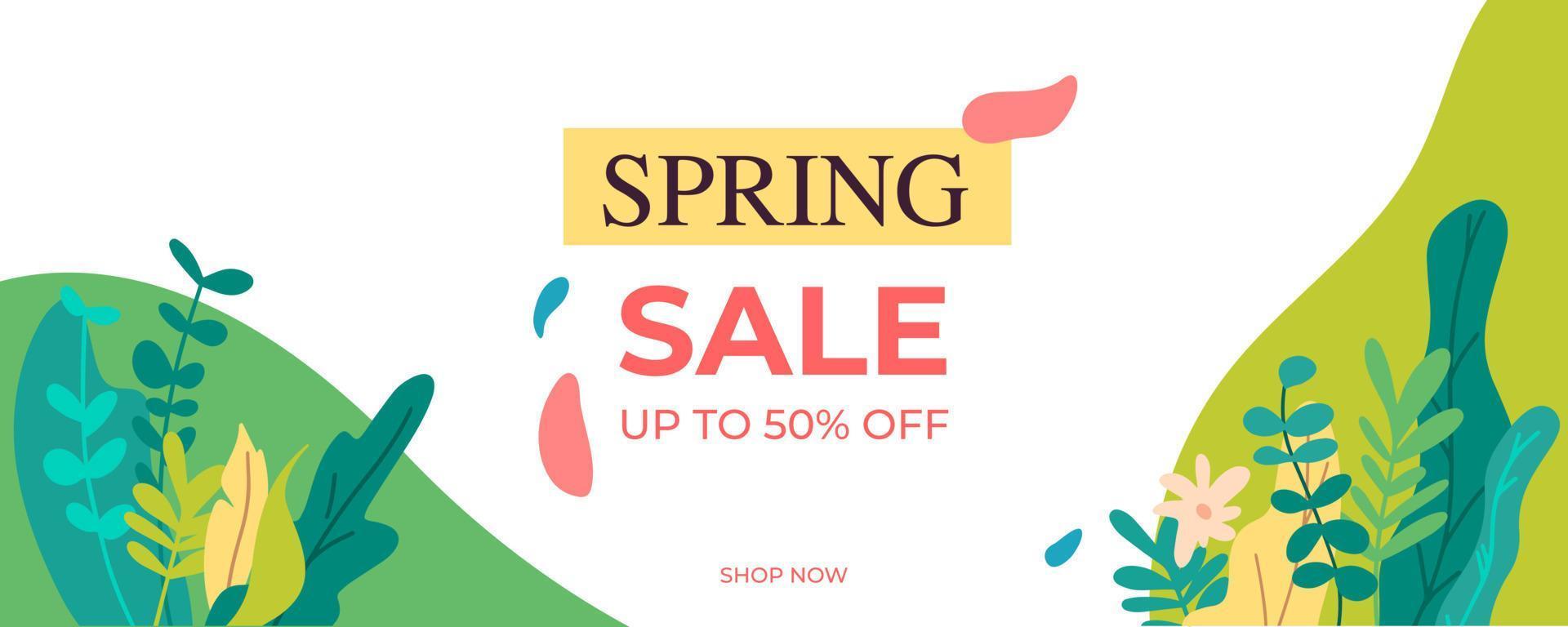 Spring Sale Banner Vector Design. Spring Sale Header or Banner Design with UP TO 50 with colorful background with flowers. Can be used for banners, wallpaper, flyers, business cards, web,discount.