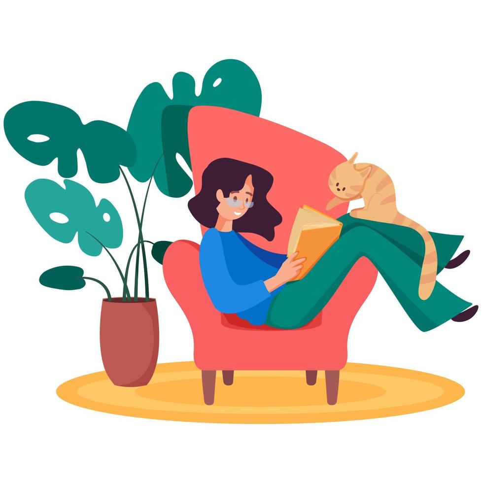 Learning,  literacy day and home studying vector concept. Young woman reads a book while sitting in an armchair at home.