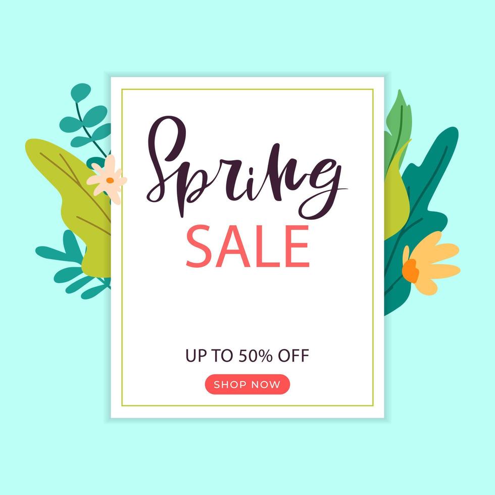 Spring Sale special offer vector banner. Spring background with hand lettering and spring green leaves. Can be used for banners, wallpaper, flyers, invitation, business cards, web, voucher discount.