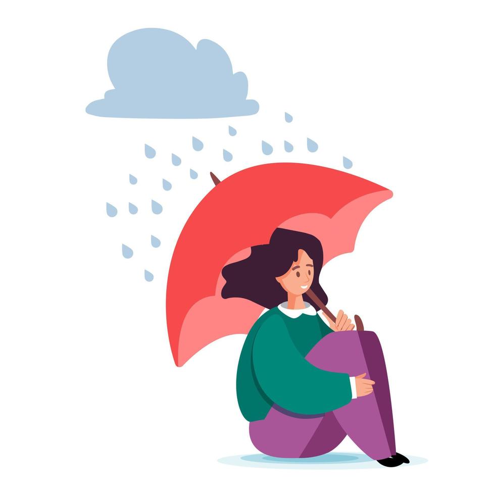 ilustración vectorial para apoyo de salud mental. mundo interior y concepto de autocuidado. mujer feliz se protege de la lluvia con un paraguas. vector