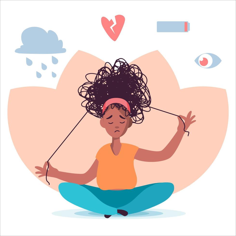 Sad girl sit on the flow in yoga pose. Woman suffers from mental depression surrounded be symptoms anxiety, breaker heart, loss, low energy, tired, exhaustion. Mental health care illustration. vector