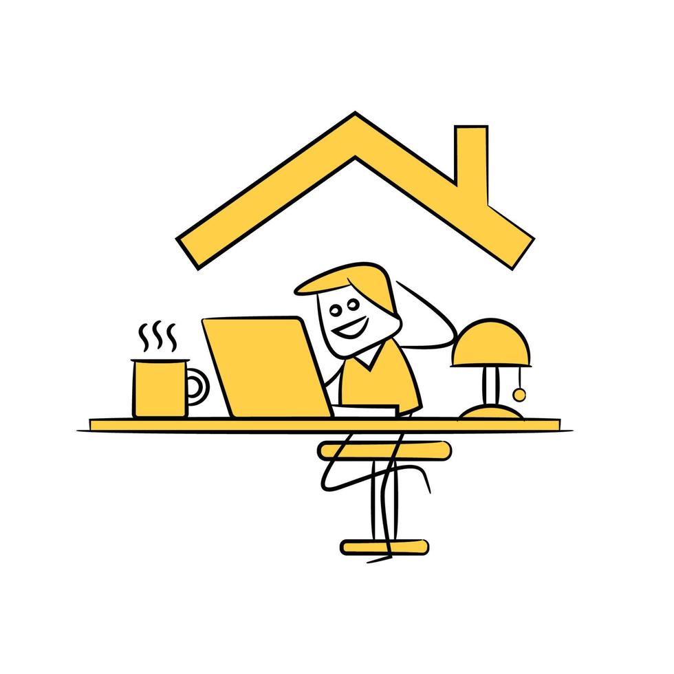 yellow people stick figure working from home concept vector