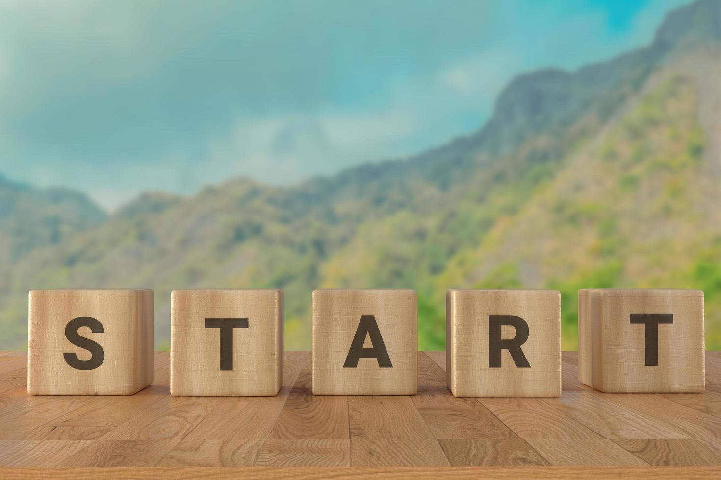 Text of START on cubes, on wood table 3d render photo