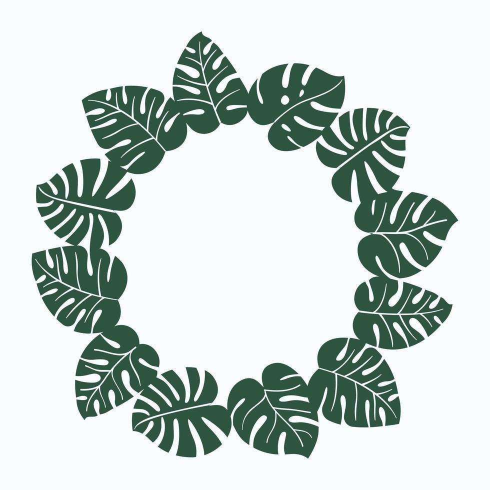 Exotic tropical jungle rainforest round circle wreath frame. Bright green monstera leaves. Isolated design element on white background. Place for text. Vector design illustration.