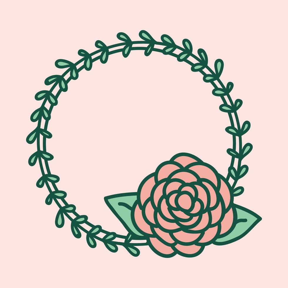 Line circle frame with rose and leaves. Elegant abstract round border for greeting card. Vector illustration