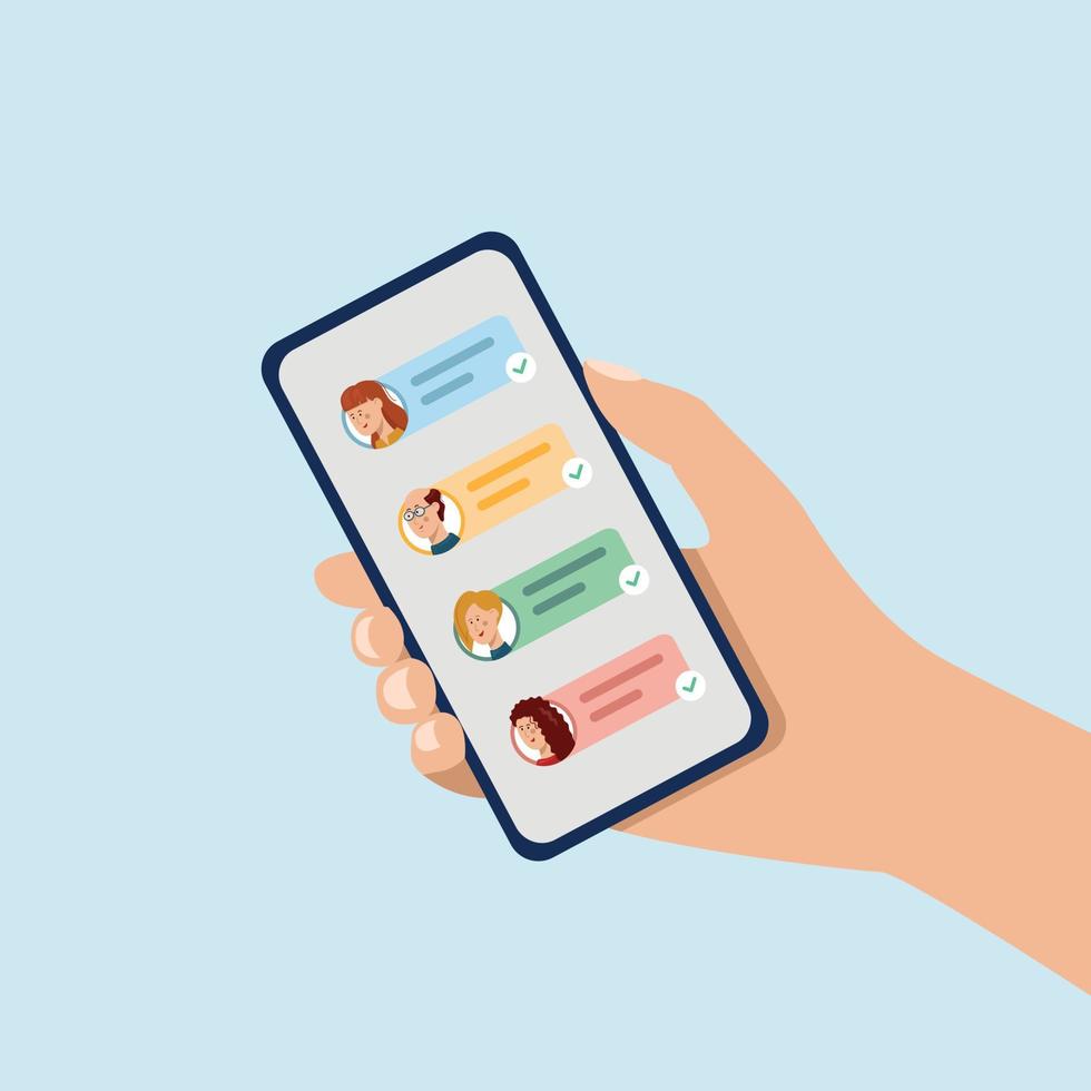 Hand holding phone with short messages, icons and emoticons. Chatting with friends and sending new messages. Colorful speech bubbles boxes on smartphone screen flat design vector illustration.