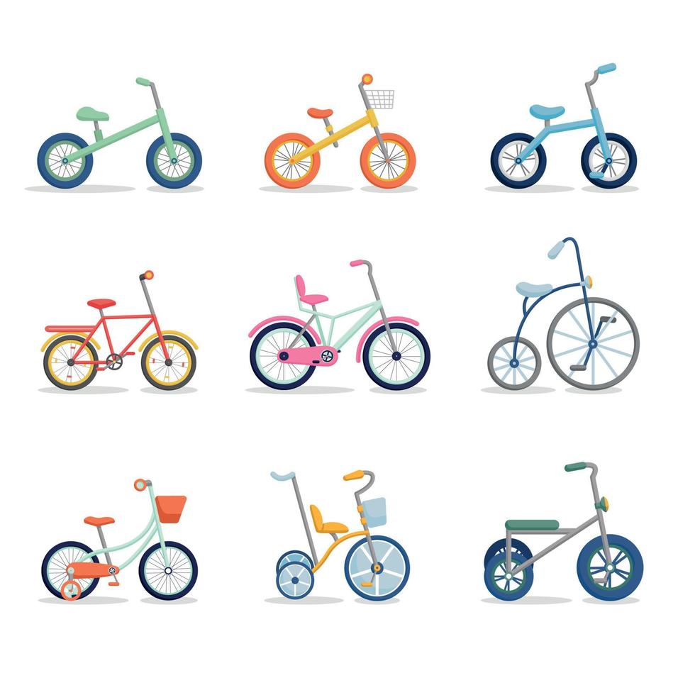 Set of kids bikes from tricycles to teenagers. Colorful bicycles with different frame types. Vector flat illustration set.