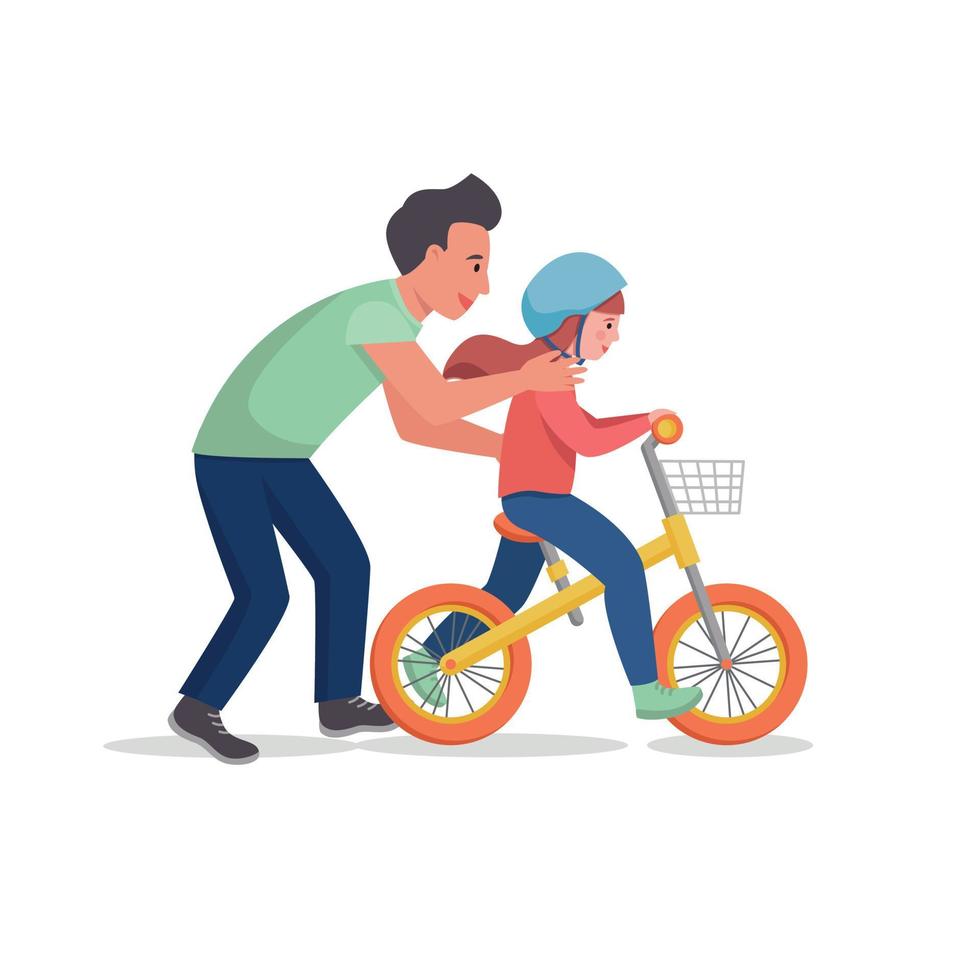 Father teaches his daughter to ride a bike.  Vector flat design illustration