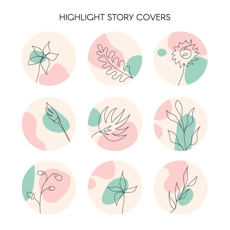 Highlight story cover icons for social media vector, natural floral hand drawn with round pastel abstract background vector