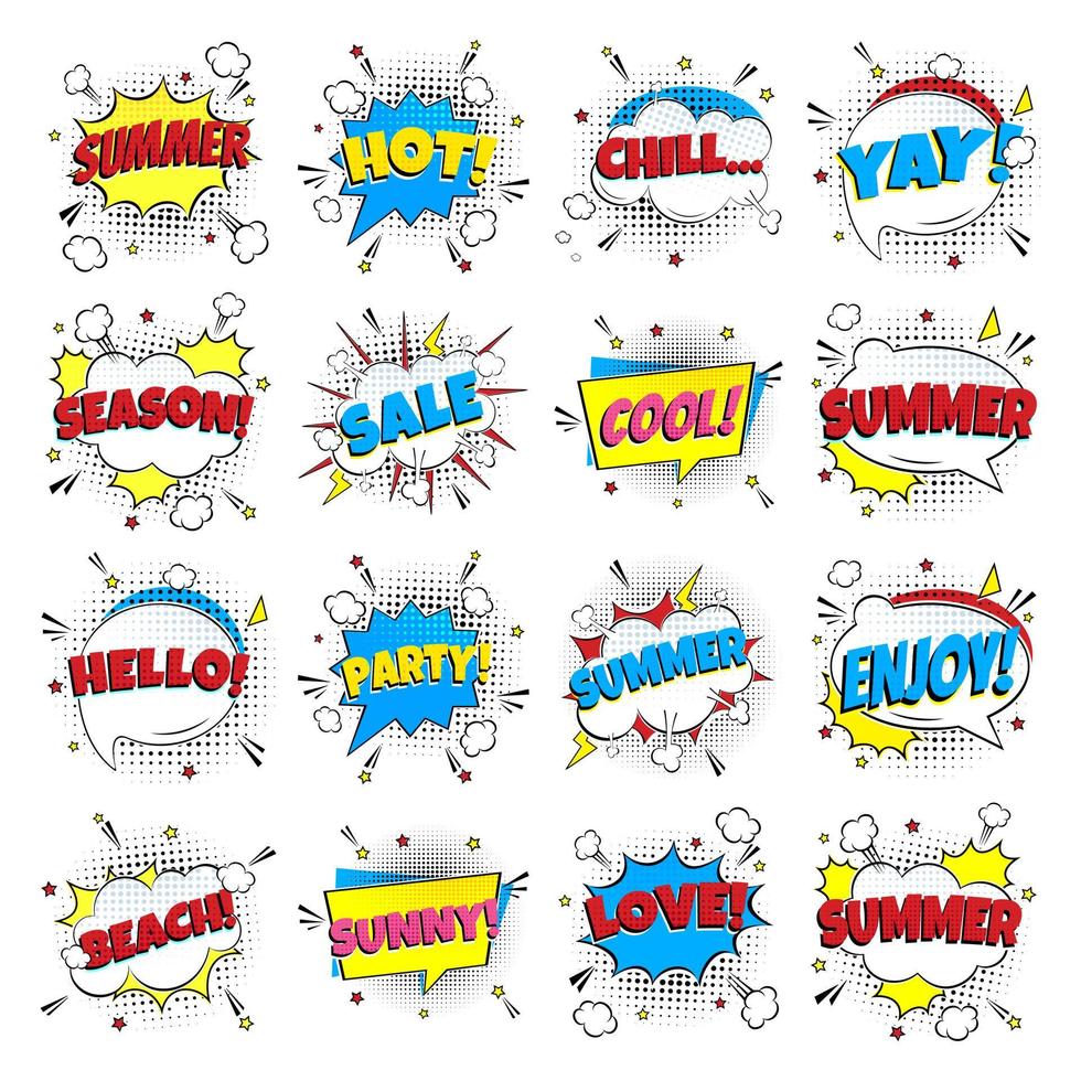 16 Lettering Summer In The Speech Bubbles Comic Flat Design Set. Dynamic Pop Art Vector Illustration Isolated On Rays Background. Exclamation Concept Of Comic Book Style Pop Art Voice Phrase.