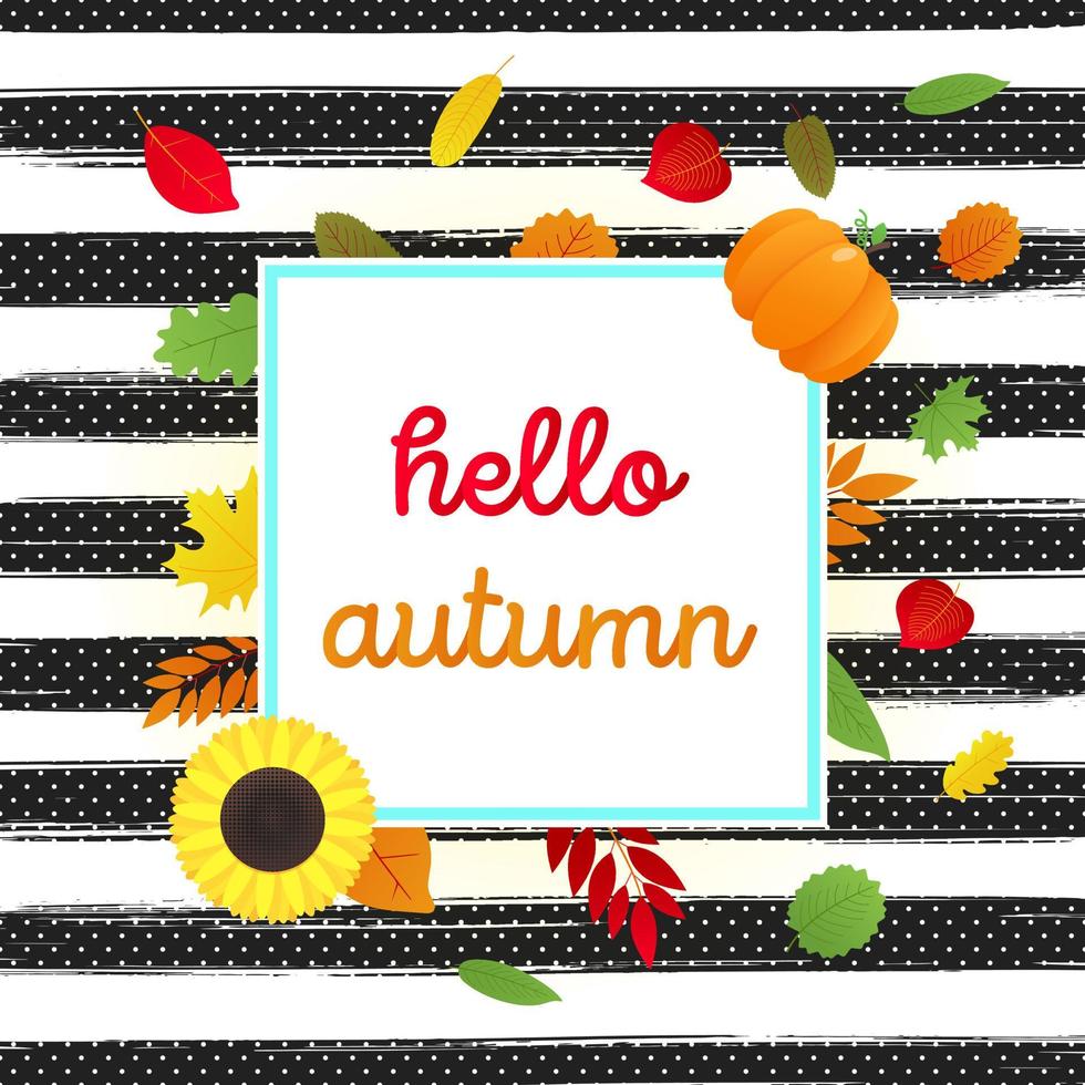 Hello autumn vector banner or poster gradient flat style design vector illustration. Huge red ribbon with text, colored leaves, pumpkin, sunflower, pie and corn isolated on fun background.