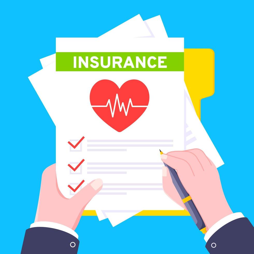 Hand signs medical insurance claim form with file paper sheets flat style design vector illustration.