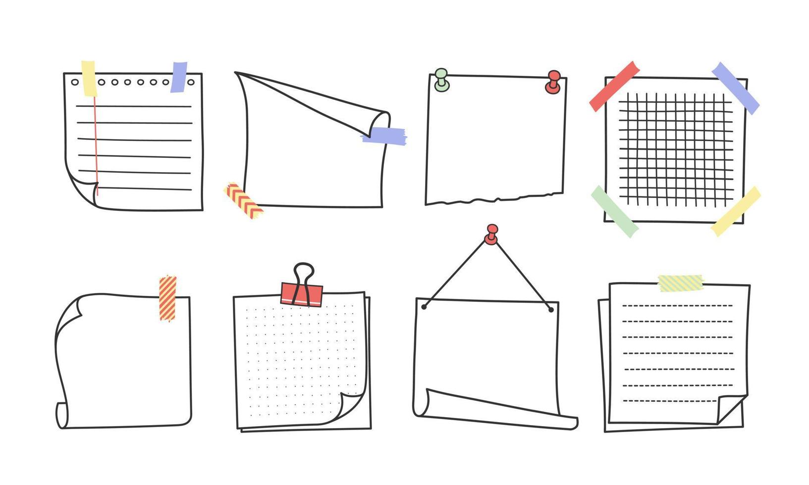 Doodle hand drawn memo notes and reminders vector illustration set.