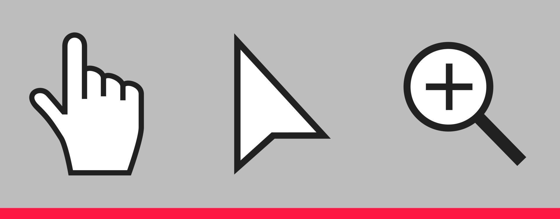 Black and white arrow, hand and magnifier mouse cursor icons vector illustration.