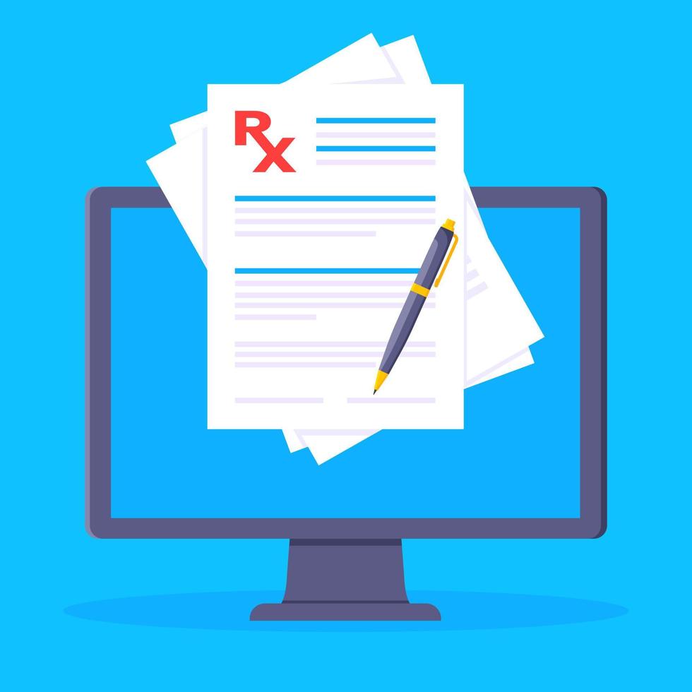 Medical rx form prescription popped up on PC screen with paper sheet flat style design vector illustration.