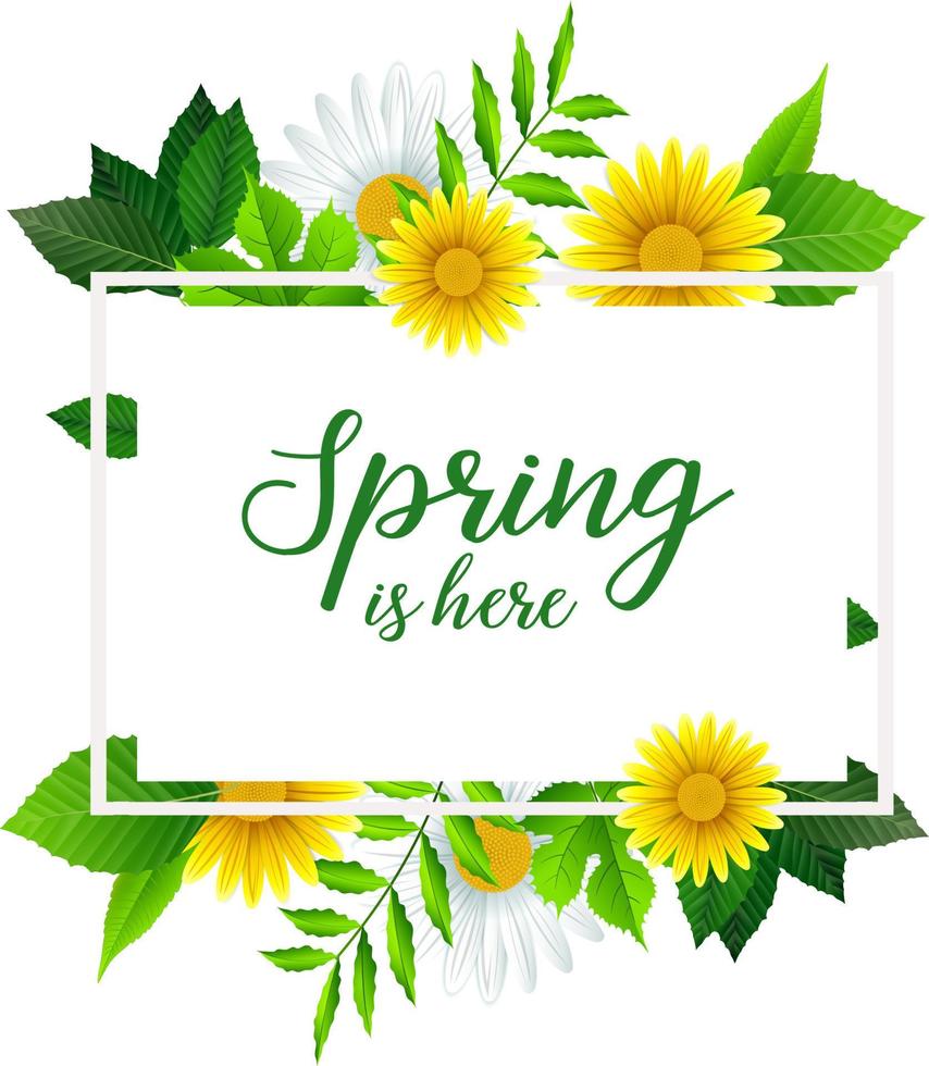 Spring is here banner template with beautiful flower and leaves vector
