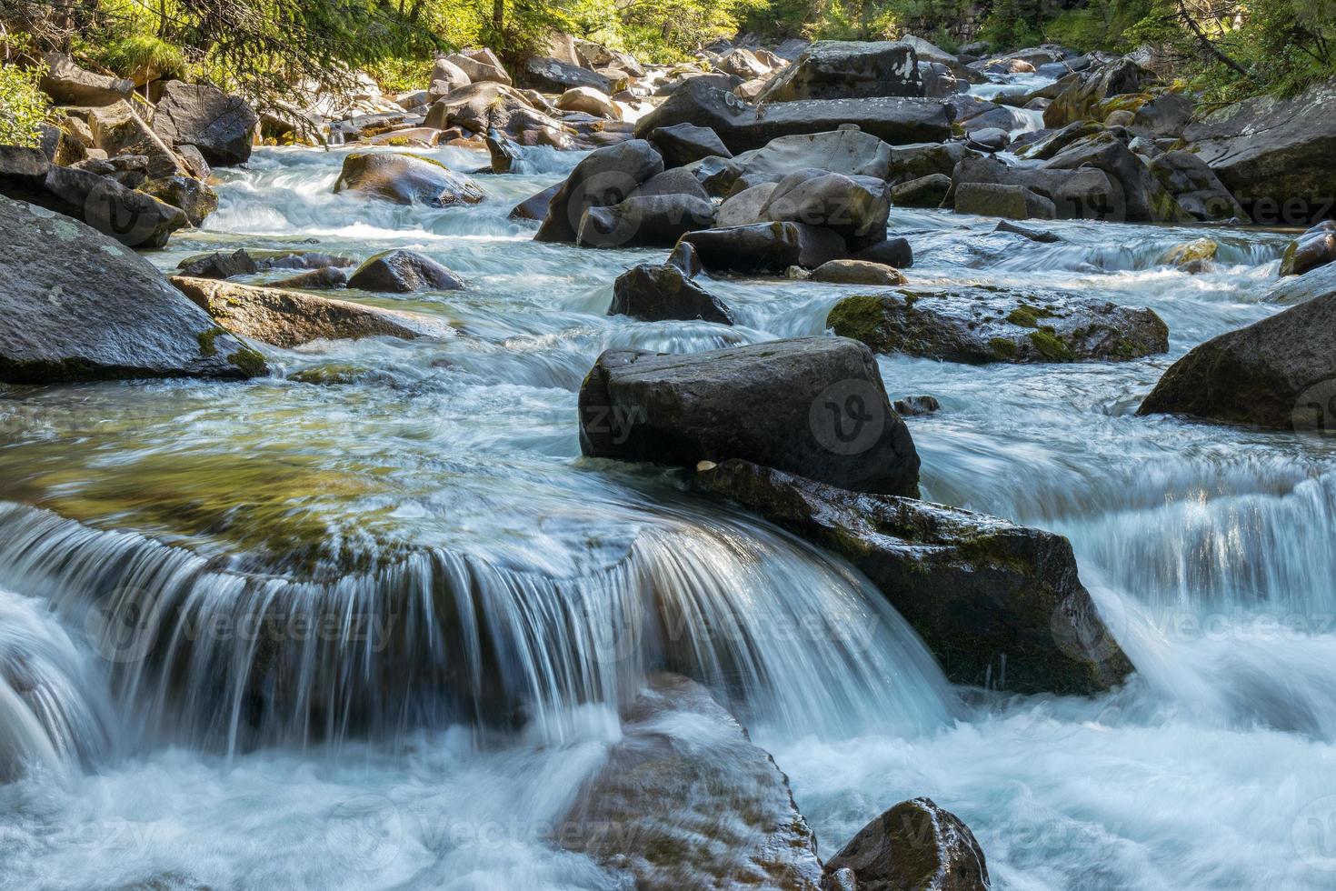 vista del río o torrente en el parque natural de paneveggio pale di san martino en tonadico, trentino, italia foto