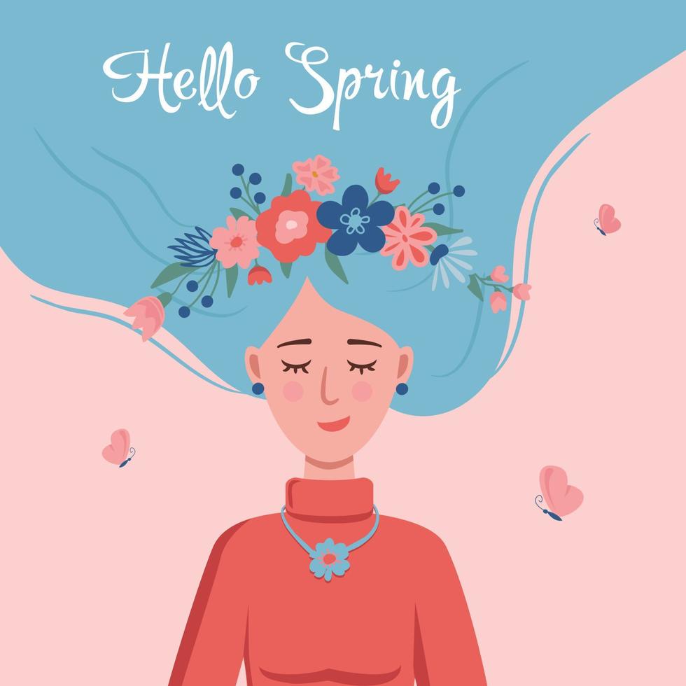 Hello spring. Happy girl dreaming about spring with wreath of flowers in hair. Hand drawn cute greeting vector illustration with lettering isolated on pink background.