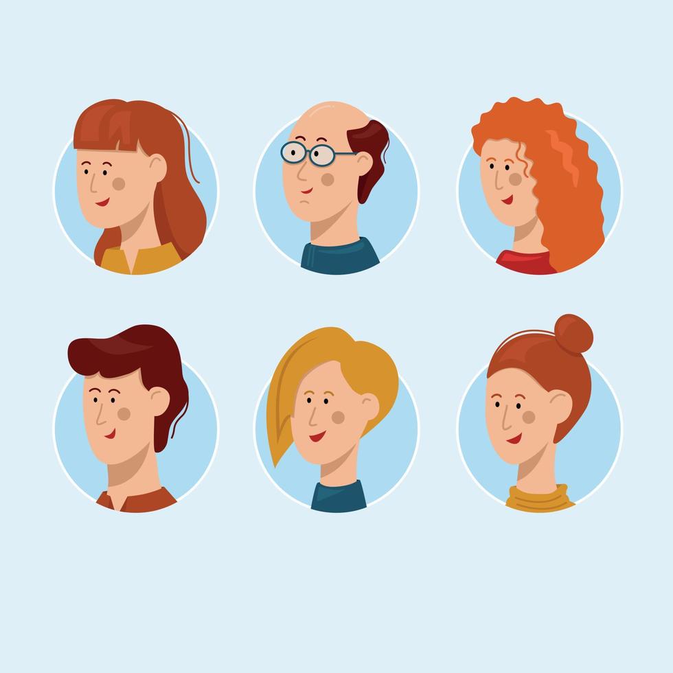 People character avatar template collection. Vector flat person illustration. Set of male and female faces in circle. Design for web app, ui