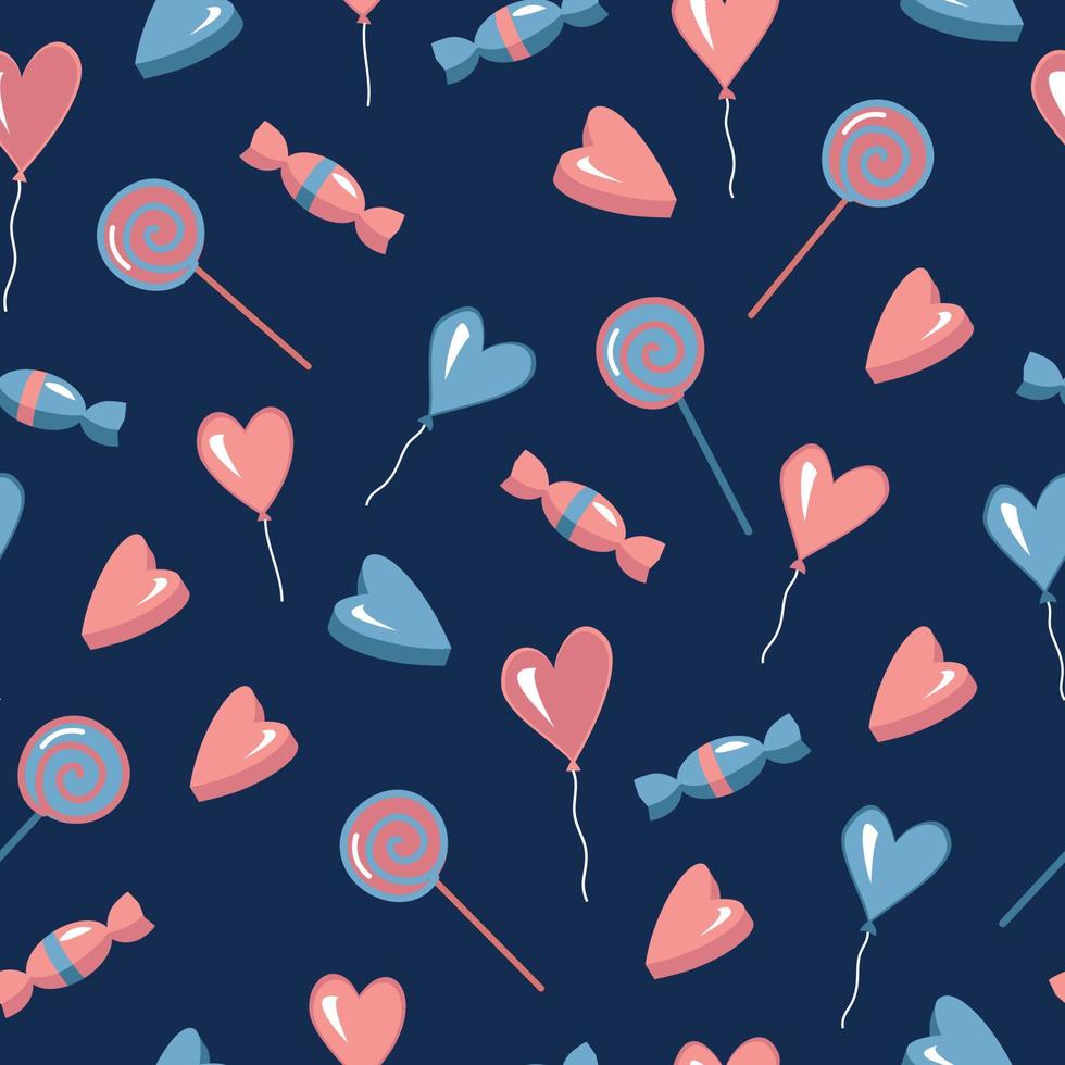 Yummy colorful sweet lollipop candy cane seamless pattern with hearts, balls. Dark blue background vector