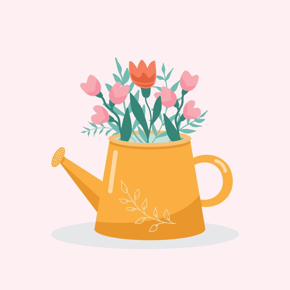 Vector illustration with a beautiful bouquet in the watering can