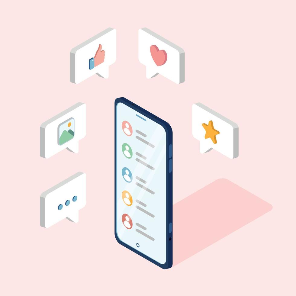 Social media flat 3d isometric concept vector icons. Comments, likes, heart, ellipsis, photo icons. Collection of flat web illustration infographics.