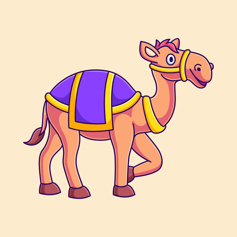 lindo camello con una ilustración de vector de silla de montar. camello islámico de dibujos animados