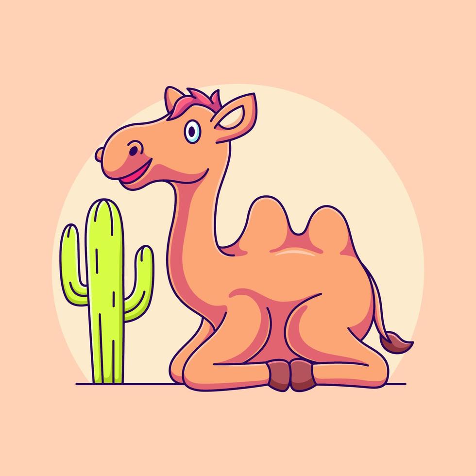 lindo camello sentado en la ilustración del vector del desierto. camello con dibujos animados de cactus