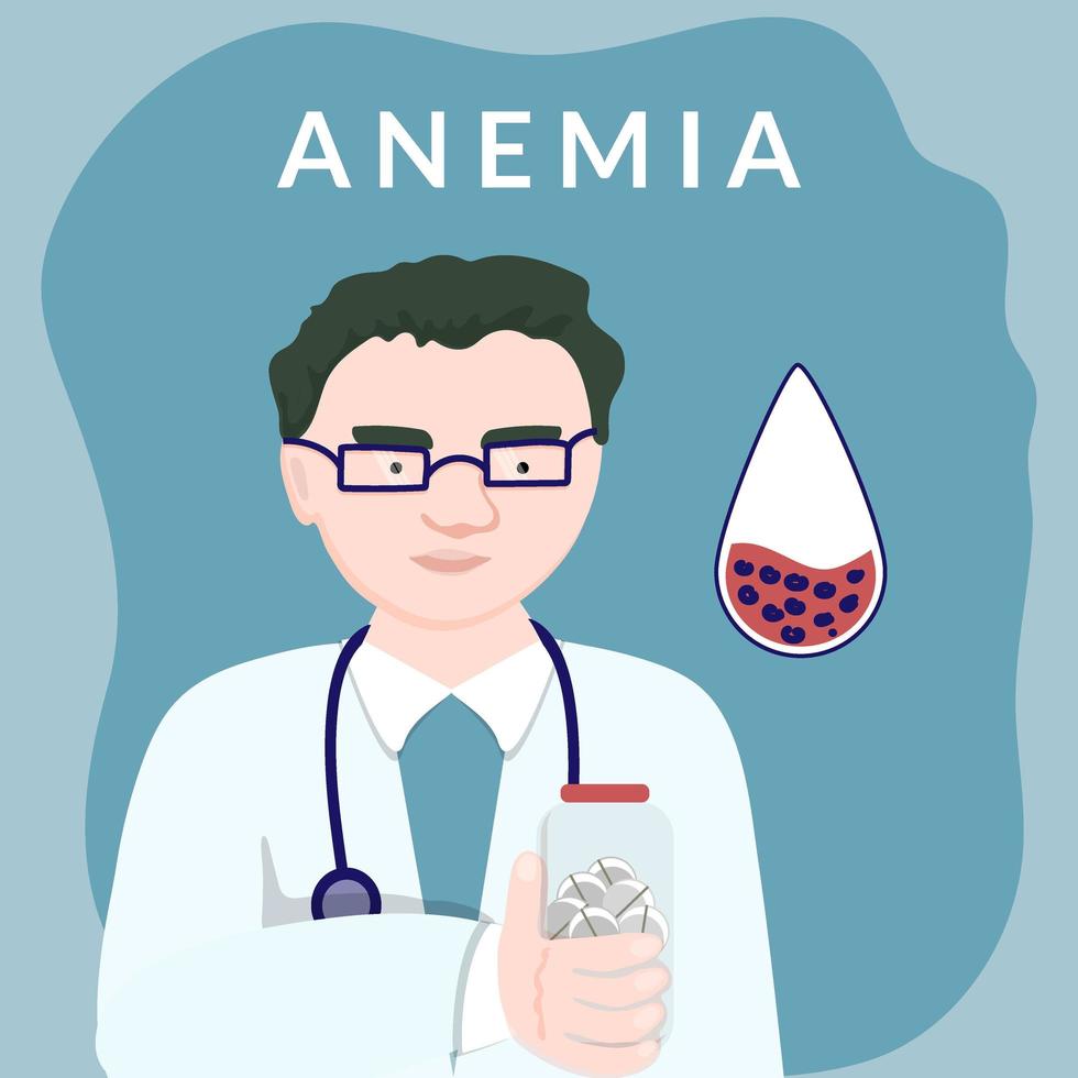 Medical care concept for low hemoglobin. Physician helps treat anemia, offers pills. Flat style vector illustration for medical clinics.