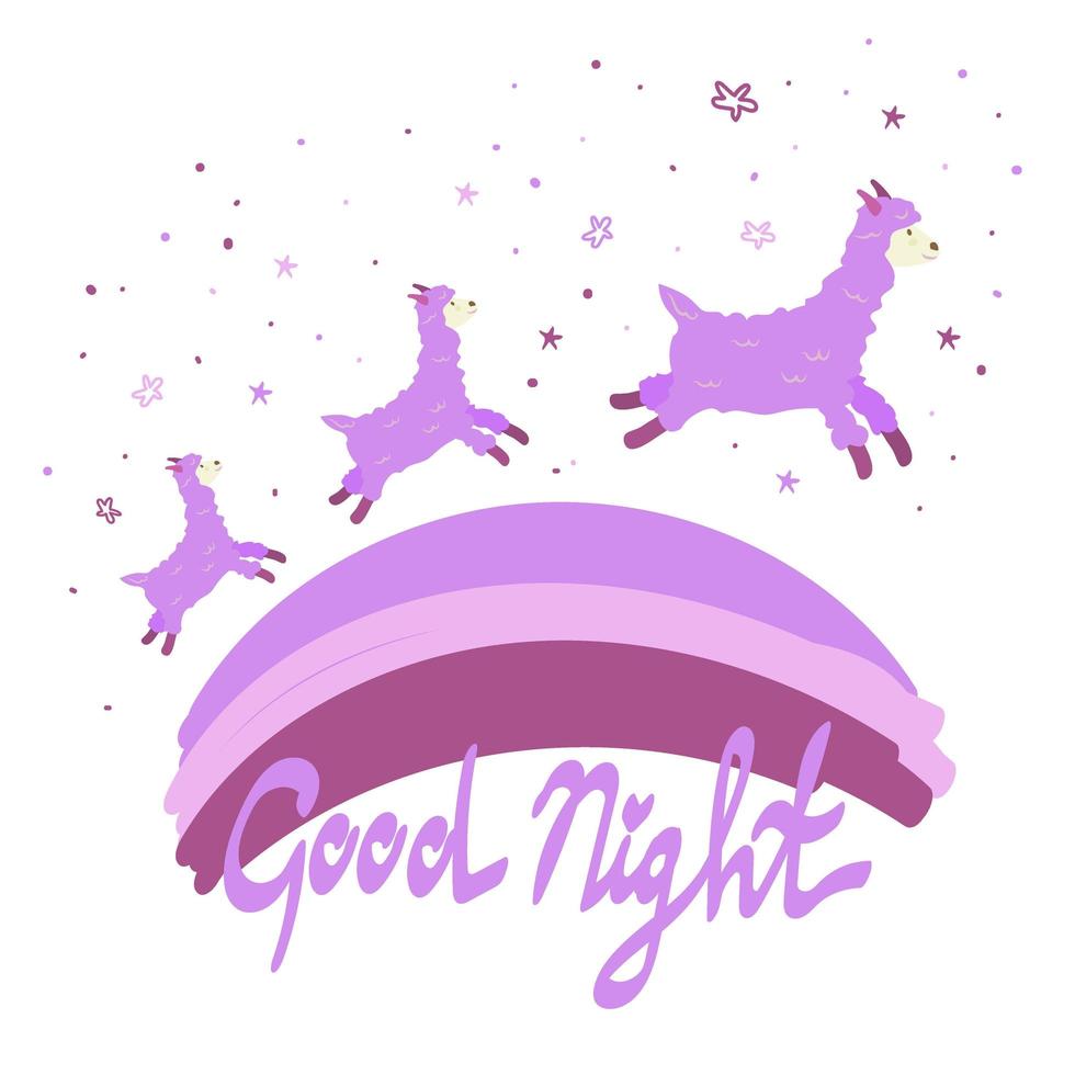 llamas jumping on the rainbow, drawn elements in cartoon style. Animals jumping on a rainbow against a white background. The lettering is handwritten. Stars, llamas and rainbow. vector