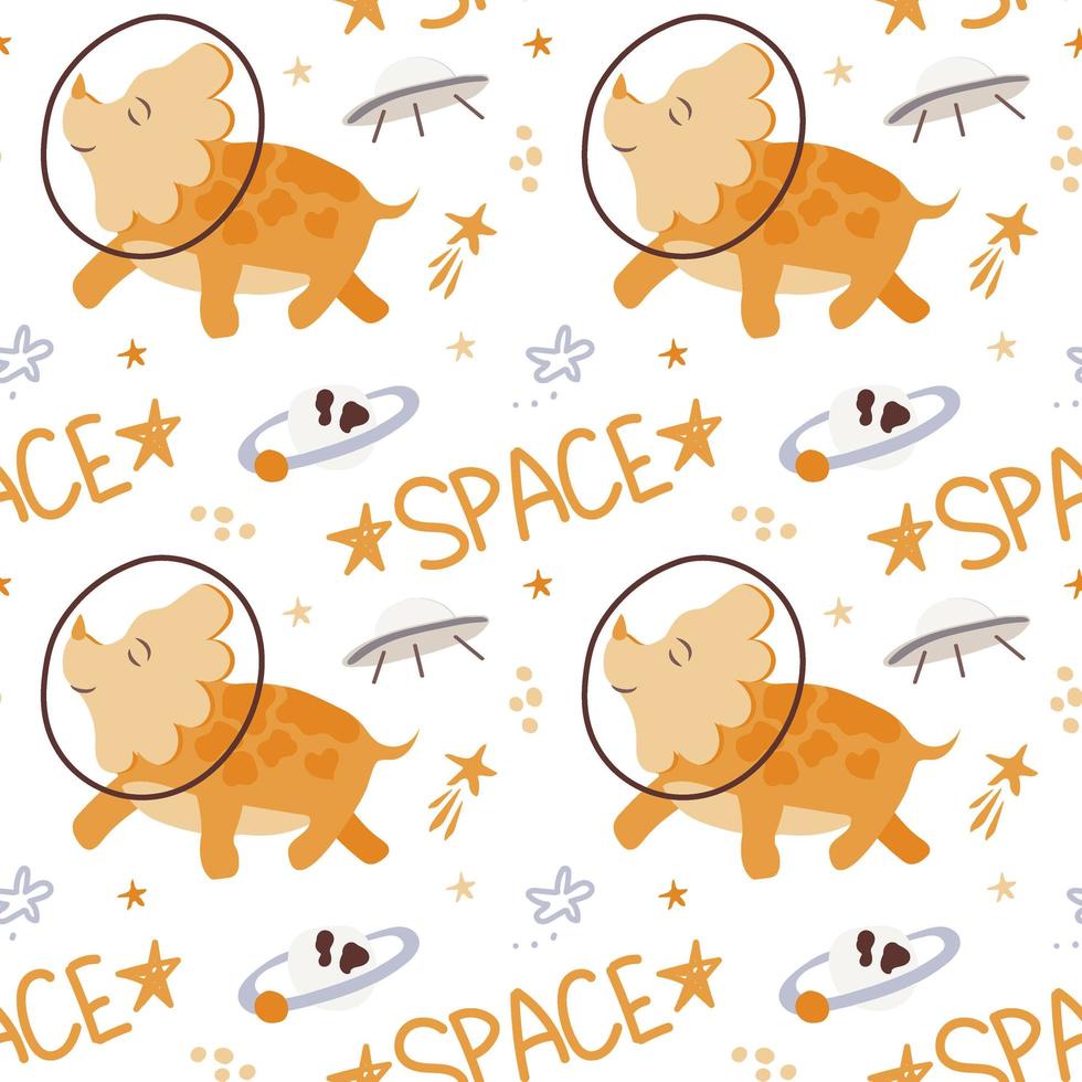 Seamless pattern with dinosaurs in space, drawn elements in a flat style. Handwritten inscription. Dinosaurs with planets on white background. Planets, stars and spaceships. Jurassic reptiles. vector
