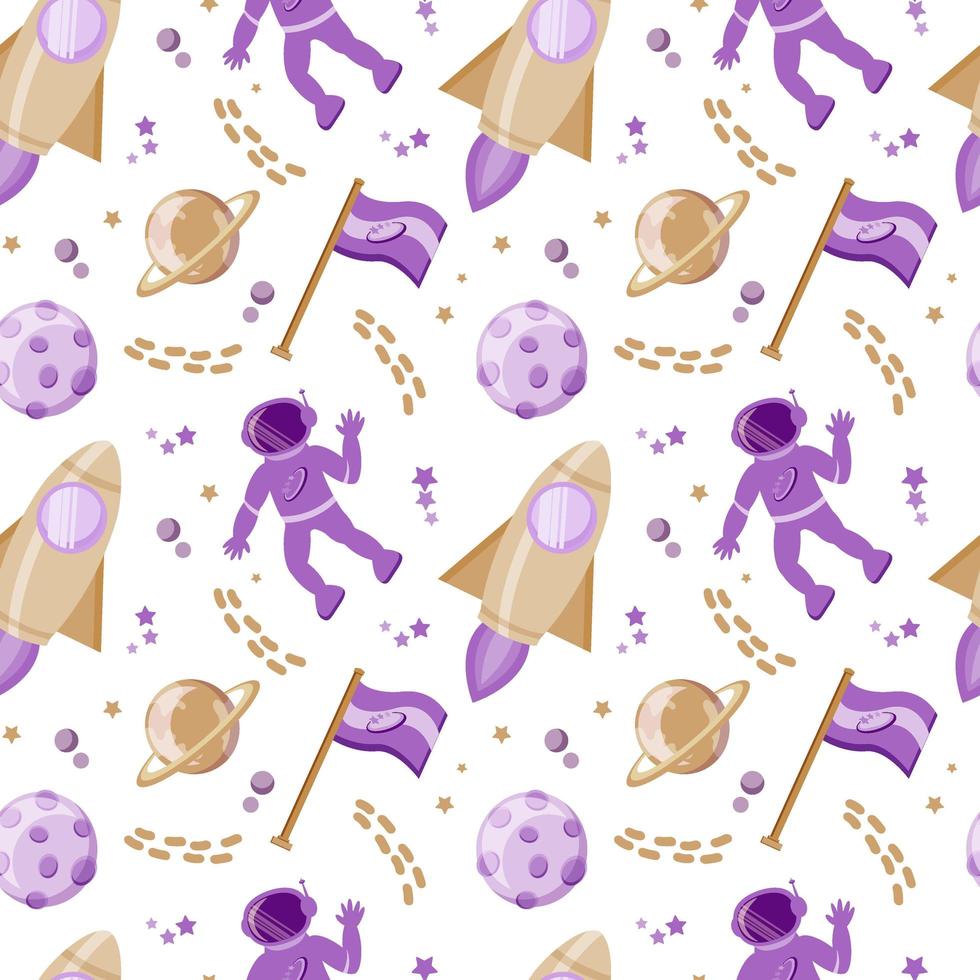 Seamless pattern with astronauts in space, drawn elements in flat style. People in outer space. Planets, stars and rocket. Flag. Vector in cartoon style on white background.